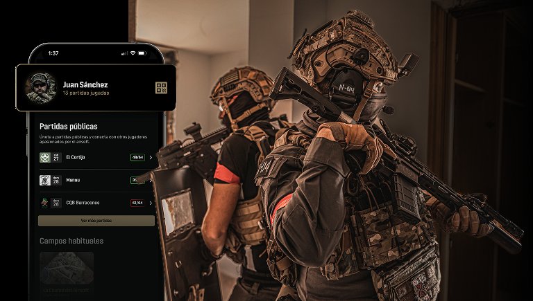 App de Plairsoft mostrando la interfaz de partidas públicas junto a jugadores de airsoft equipados
