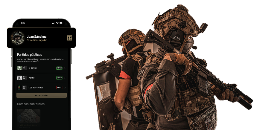 App de Plairsoft mostrando la interfaz de partidas públicas junto a jugadores de airsoft equipados